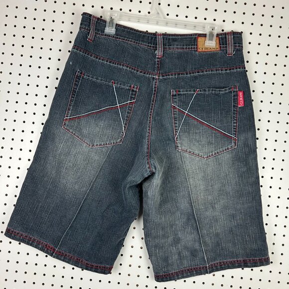 CJ Jeans Y2K Jorts Size 34 Wide Leg Baggy Embroidered Pockets Blue Cyber Punk - Picture 3 of 7